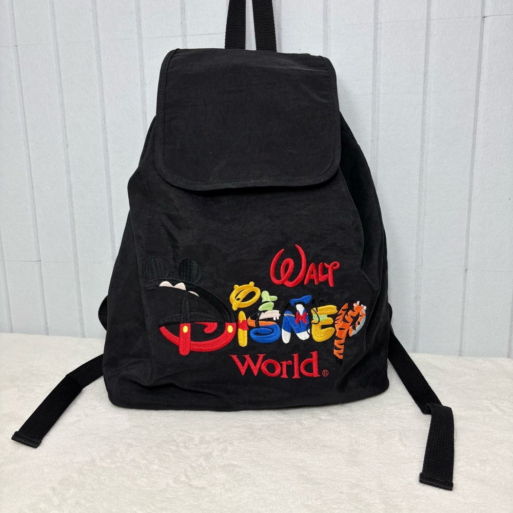 Walt Disney World Black Embroidered Drawstring Book Bag Backpack Character Logo‎